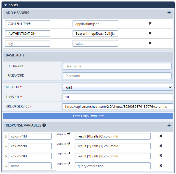 The Configurations Panel for an External Web Call action, with sample field values